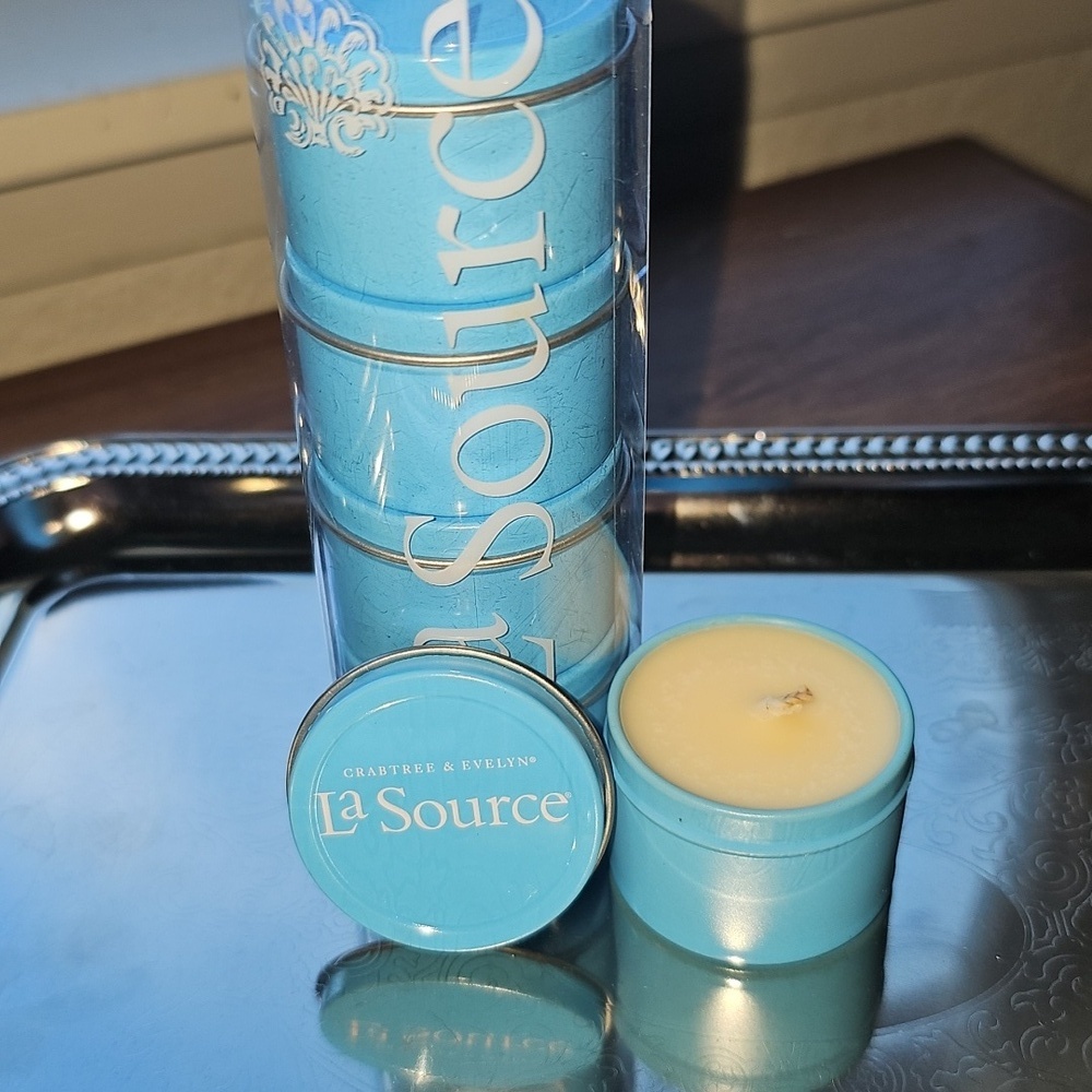 New Vintage Crabtree & Evelyn La Source Blue Travel Candle Set 5 Scented Candles